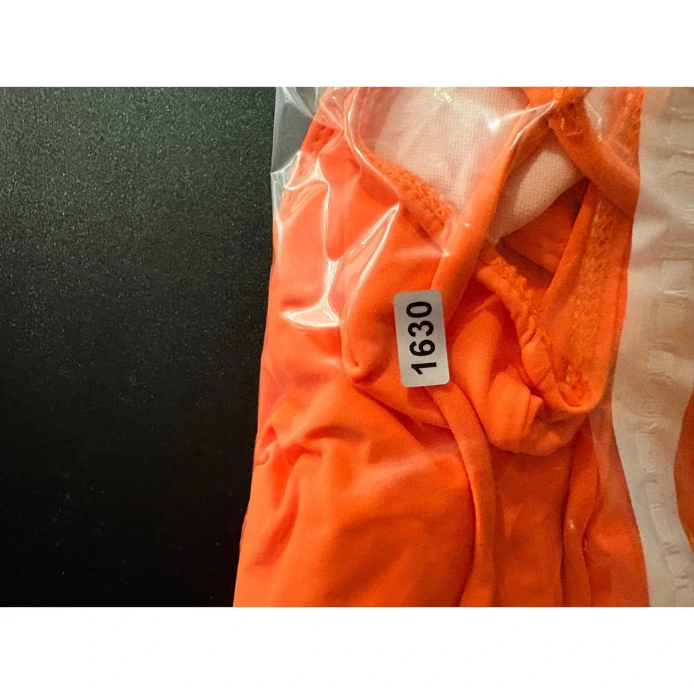 Neon Orange High Cut‎ Plunge One Piece Swimsuit Lace Up Back Medium